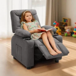 VEVOR Kids Recliner Chair, Toddler Lounger with Cup Holders & Pockets, 107° to 126° Adjustable Back, Breathable Polyester Upholstery Reclining Sofa with Foot-rest, for Boys and Girls, Children (Gray)