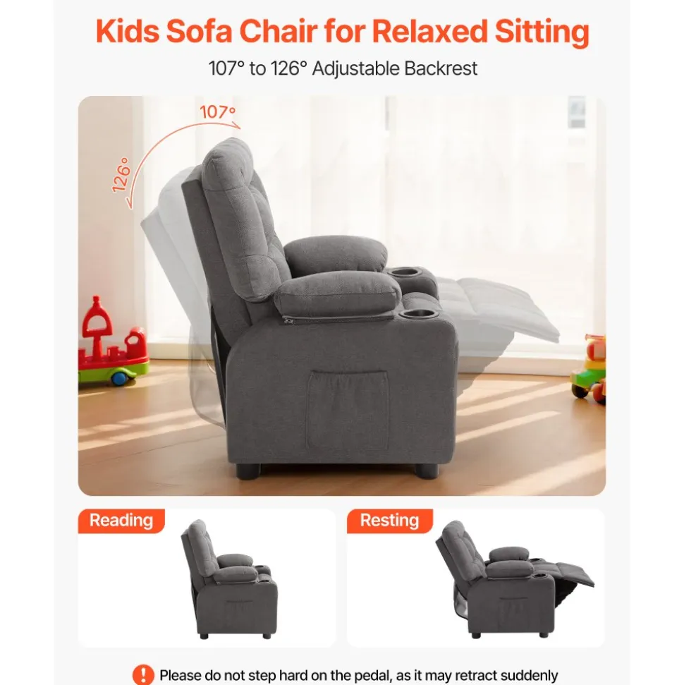 VEVOR Kids Recliner Chair, Toddler Lounger with Cup Holders & Pockets, 107° to 126° Adjustable Back, Breathable Polyester Upholstery Reclining Sofa with Foot-rest, for Boys and Girls, Children (Gray)