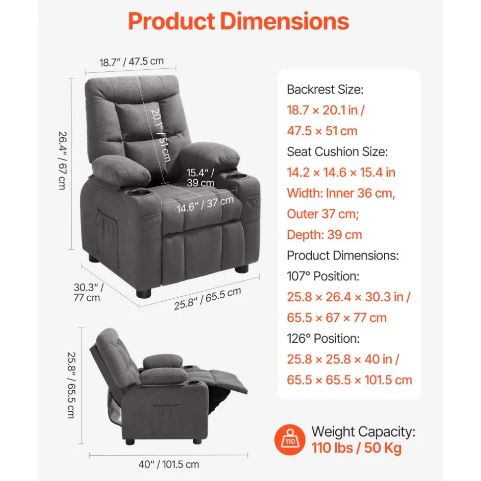 VEVOR Kids Recliner Chair, Toddler Lounger with Cup Holders & Pockets, 107° to 126° Adjustable Back, Breathable Polyester Upholstery Reclining Sofa with Foot-rest, for Boys and Girls, Children (Gray)