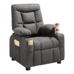 VEVOR Kids Recliner Chair, Toddler Lounger with Cup Holders & Pockets, 107° to 126° Adjustable Back, Breathable Polyester Upholstery Reclining Sofa with Foot-rest, for Boys and Girls, Children (Gray)