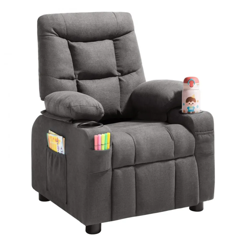 VEVOR Kids Recliner Chair, Toddler Lounger with Cup Holders & Pockets, 107° to 126° Adjustable Back, Breathable Polyester Upholstery Reclining Sofa with Foot-rest, for Boys and Girls, Children (Gray)