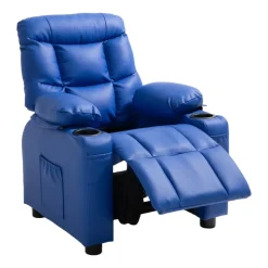 VEVOR Kids Reclining Chair, Toddler Recliner with 2 Cup Holders and 4 Pockets, 107° to 126° Adjustable Back, Easy-to-Clean PU Leather Recliner Couch with Footrest, for Boys, Girls & Children (Blue)