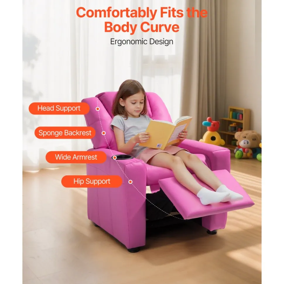 VEVOR Kids Reclining Chair, Toddler Recliner with Cup Holder, 101° to 121° Adjustable Backrest, Easy-to-Clean PU Leather Recliner Couch with Footrest, 90 lbs Load, for Boys & Girls, Children (Pink)