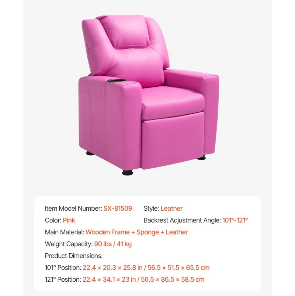 VEVOR Kids Reclining Chair, Toddler Recliner with Cup Holder, 101° to 121° Adjustable Backrest, Easy-to-Clean PU Leather Recliner Couch with Footrest, 90 lbs Load, for Boys & Girls, Children (Pink)