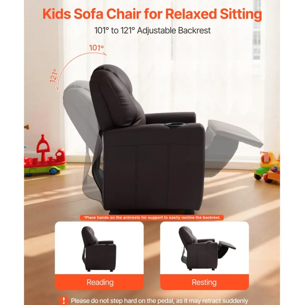 VEVOR Kids Reclining Chair, Toddler Recliner with Cup Holder, 101° to 121° Adjustable Backrest, Easy-to-Clean PU Leather Recliner Couch with Footrest, 90 lbs Load, for Boys & Girls, Children (Brown)