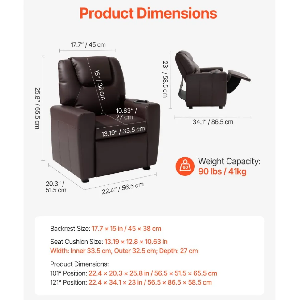 VEVOR Kids Reclining Chair, Toddler Recliner with Cup Holder, 101° to 121° Adjustable Backrest, Easy-to-Clean PU Leather Recliner Couch with Footrest, 90 lbs Load, for Boys & Girls, Children (Brown)