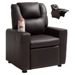 VEVOR Kids Reclining Chair, Toddler Recliner with Cup Holder, 101° to 121° Adjustable Backrest, Easy-to-Clean PU Leather Recliner Couch with Footrest, 90 lbs Load, for Boys & Girls, Children (Brown)