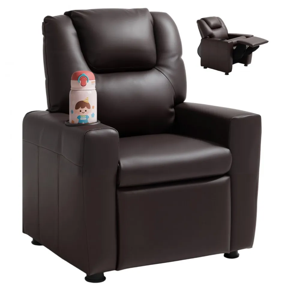 VEVOR Kids Reclining Chair, Toddler Recliner with Cup Holder, 101° to 121° Adjustable Backrest, Easy-to-Clean PU Leather Recliner Couch with Footrest, 90 lbs Load, for Boys & Girls, Children (Brown)