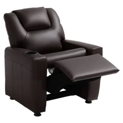VEVOR Kids Reclining Chair, Toddler Recliner with Cup Holder, 101° to 121° Adjustable Backrest, Easy-to-Clean PU Leather Recliner Couch with Footrest, 90 lbs Load, for Boys & Girls, Children (Brown)