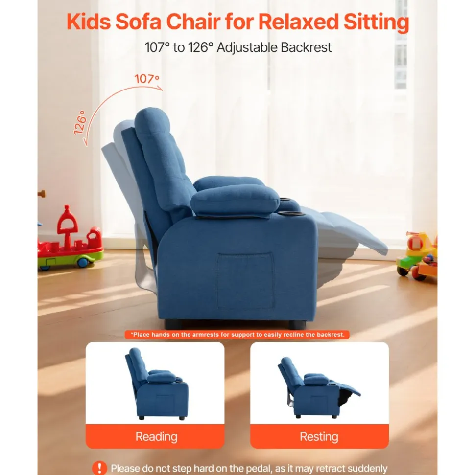 VEVOR Kids Reclining Chair, Toddler Recliner with Cup Holders and Pockets, 107° to 126° Adjustable Backrest, Breathable Polyester Fabric Recliner Couch with Footrest, for Boys & Girls, Children(Blue)