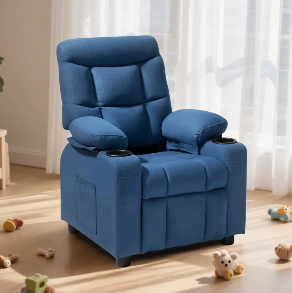 VEVOR Kids Reclining Chair, Toddler Recliner with Cup Holders and Pockets, 107° to 126° Adjustable Backrest, Breathable Polyester Fabric Recliner Couch with Footrest, for Boys & Girls, Children(Blue)