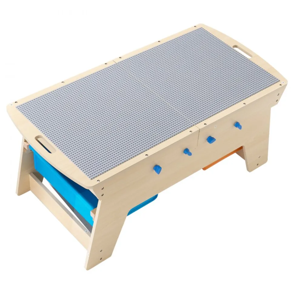 VEVOR Kids Reversible Wooden Activity Table, Multi-Purpose Activity Play Table with 200 Building Bricks & 3 Storage Bins for Kids 3+ Years, Large Storage Space, Present for Boys & Girls, Natural