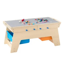 VEVOR Kids Reversible Wooden Activity Table, Multi-Purpose Activity Play Table with 200 Building Bricks & 3 Storage Bins for Kids 3+ Years, Large Storage Space, Present for Boys & Girls, Natural