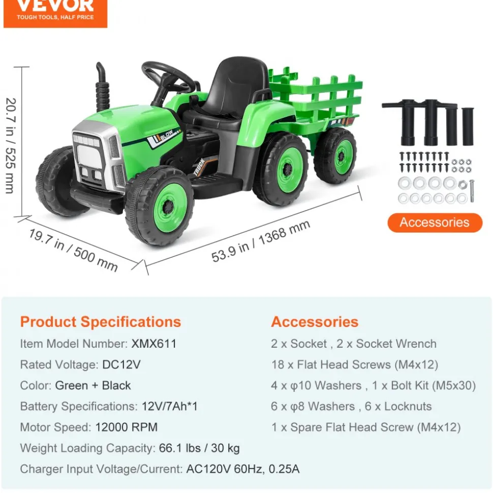 VEVOR Kids Ride on Tractor 12V Electric Toy Tractor with Trailer Remote Control