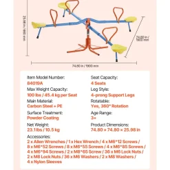 VEVOR Kids Seesaw, 110 lbs Load Capacity per Seat, Sit and Spin Teeter Totter with 4-prong Support Legs, Kids Outdoor Playground Equipment, Swiveling 360 Degrees Rotating for Children Aged 3+, 4 Seats