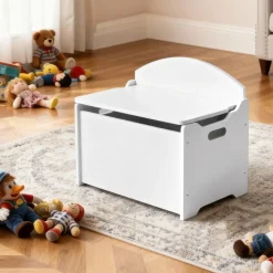 VEVOR Kids Storage Bench, Wooden Toy Box Chest with Backrest, Large Storage Cabinet with Safety Hinge, Toddlers Storage Bench for Playroom, Living Room or Entryway, 23.5 x 14.5 x 21.46 in, White