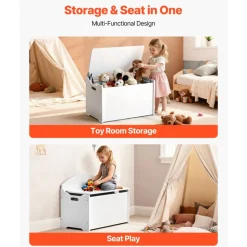 VEVOR Kids Storage Bench, Wooden Toy Box Chest with Backrest, Large Storage Cabinet with Safety Hinge, Toddlers Storage Bench for Playroom, Living Room or Entryway, 23.5 x 14.5 x 21.46 in, White