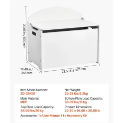 VEVOR Kids Storage Bench, Wooden Toy Box Chest with Backrest, Large Storage Cabinet with Safety Hinge, Toddlers Storage Bench for Playroom, Living Room or Entryway, 23.5 x 14.5 x 21.46 in, White