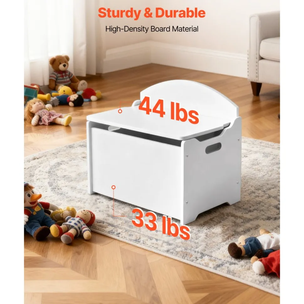 VEVOR Kids Storage Bench, Wooden Toy Box Chest with Backrest, Large Storage Cabinet with Safety Hinge, Toddlers Storage Bench for Playroom, Living Room or Entryway, 23.5 x 14.5 x 21.46 in, White