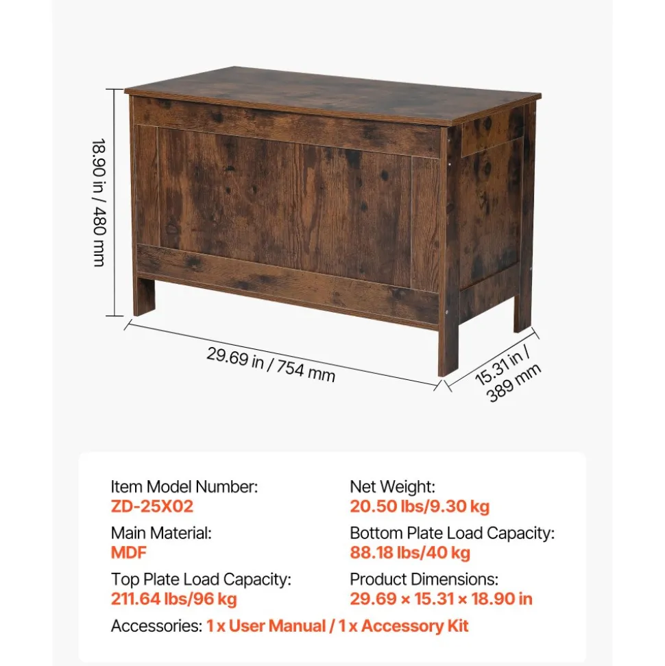 VEVOR Kids Storage Bench, Wooden Toy Box Chest, Large Storage Cabinet with Safety Hinge, Toddlers Retro Storage Bench for Playroom, Living Room or Entryway, 29.7 x 15.3 x 18.9 in, Easy Assembly, Brown