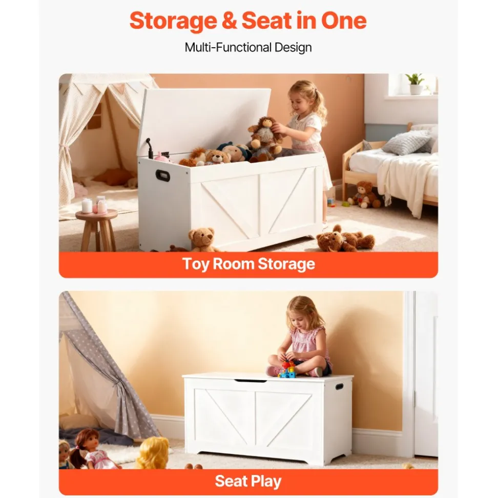 VEVOR Kids Storage Bench, Wooden Toy Box Chest, Large Storage Cabinet with Safety Hinge, Toddlers Storage Bench for Playroom, Living Room or Entryway, Easy Assembly, 38.98 x 15.55 x 18.9 in, White