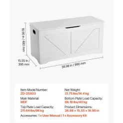 VEVOR Kids Storage Bench, Wooden Toy Box Chest, Large Storage Cabinet with Safety Hinge, Toddlers Storage Bench for Playroom, Living Room or Entryway, Easy Assembly, 38.98 x 15.55 x 18.9 in, White