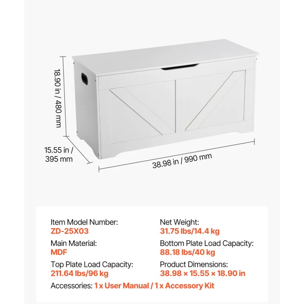 VEVOR Kids Storage Bench, Wooden Toy Box Chest, Large Storage Cabinet with Safety Hinge, Toddlers Storage Bench for Playroom, Living Room or Entryway, Easy Assembly, 38.98 x 15.55 x 18.9 in, White