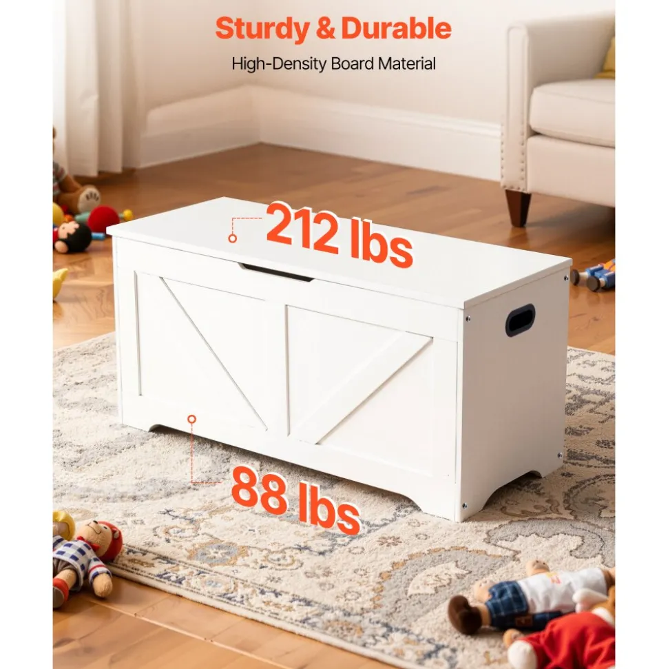 VEVOR Kids Storage Bench, Wooden Toy Box Chest, Large Storage Cabinet with Safety Hinge, Toddlers Storage Bench for Playroom, Living Room or Entryway, Easy Assembly, 38.98 x 15.55 x 18.9 in, White