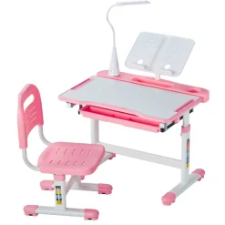 VEVOR Kids Study Chair and Desk Set, Study Desk and Chair for Kids with Table Lamp, Adjustable Height & 0-40° Tilted Desktop Kids Desk and Chair, Children Study Table for Bedroom & Study Room, Pink