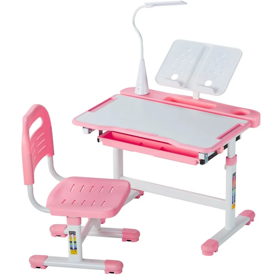 VEVOR Kids Study Chair and Desk Set, Study Desk and Chair for Kids with Table Lamp, Adjustable Height & 0-40° Tilted Desktop Kids Desk and Chair, Children Study Table for Bedroom & Study Room, Pink