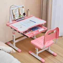 VEVOR Kids Study Chair and Desk Set, Study Desk and Chair for Kids with Table Lamp, Adjustable Height & 0-40° Tilted Desktop Kids Desk and Chair, Children Study Table for Bedroom & Study Room, Pink