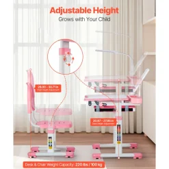 VEVOR Kids Study Chair and Desk Set, Study Desk and Chair for Kids with Table Lamp, Adjustable Height & 0-40° Tilted Desktop Kids Desk and Chair, Children Study Table for Bedroom & Study Room, Pink