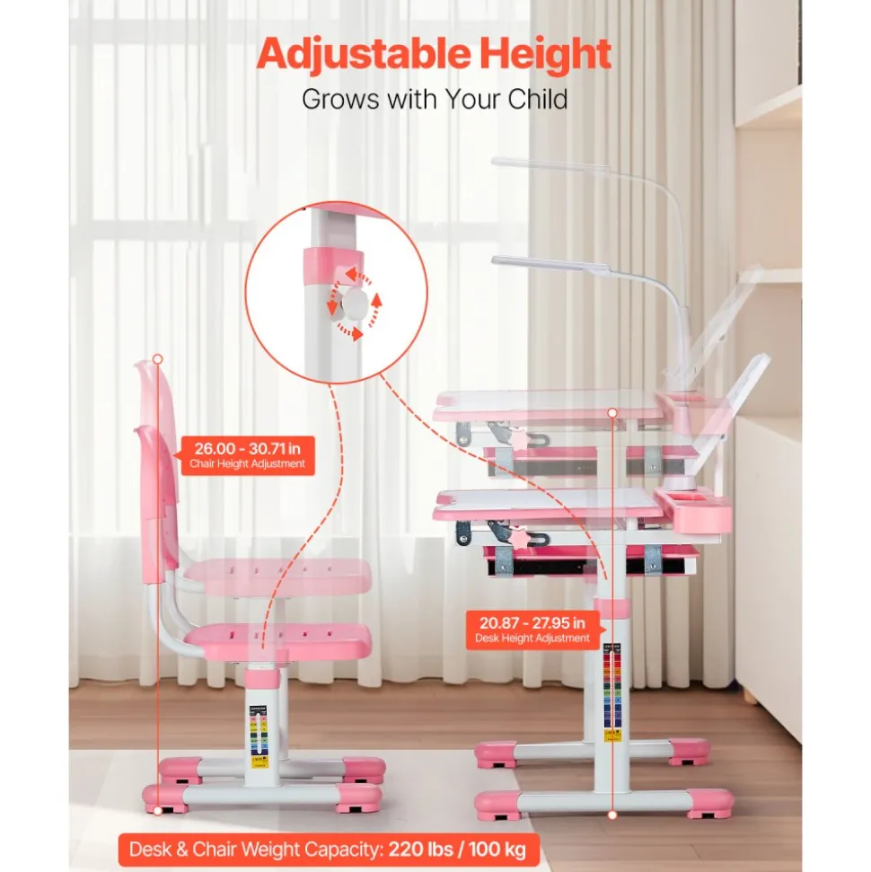VEVOR Kids Study Chair and Desk Set, Study Desk and Chair for Kids with Table Lamp, Adjustable Height & 0-40° Tilted Desktop Kids Desk and Chair, Children Study Table for Bedroom & Study Room, Pink