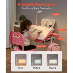 VEVOR Kids Study Chair and Desk Set, Study Desk and Chair for Kids with Table Lamp, Adjustable Height & 0-40° Tilted Desktop Kids Desk and Chair, Children Study Table for Bedroom & Study Room, Pink