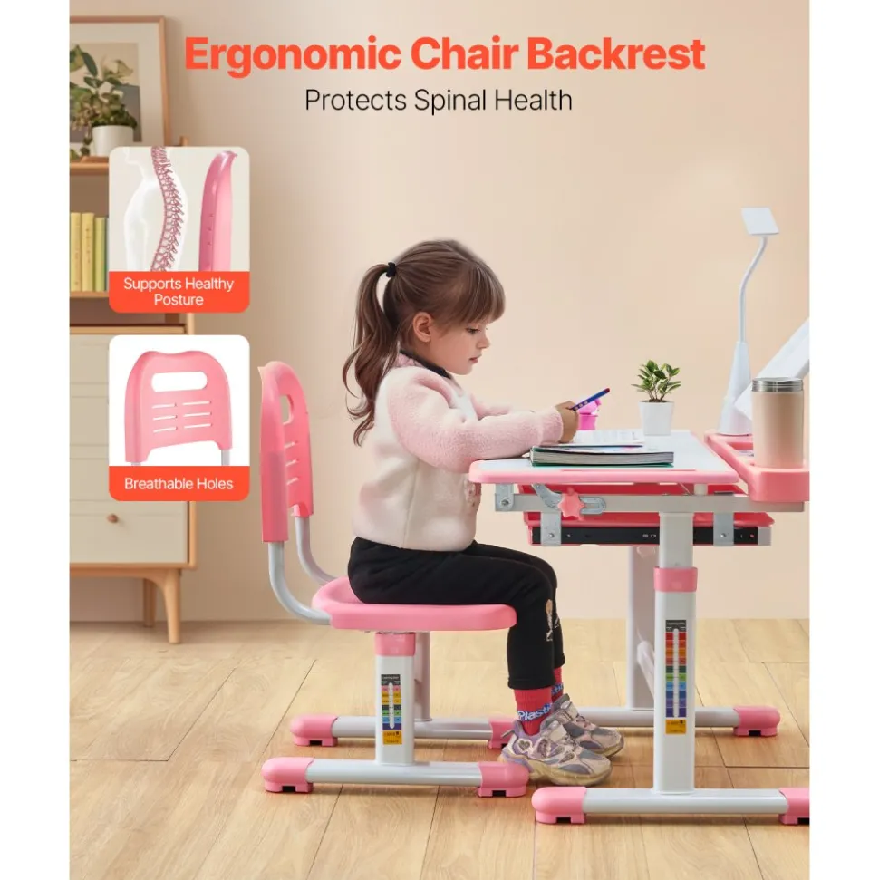 VEVOR Kids Study Chair and Desk Set, Study Desk and Chair for Kids with Table Lamp, Adjustable Height & 0-40° Tilted Desktop Kids Desk and Chair, Children Study Table for Bedroom & Study Room, Pink
