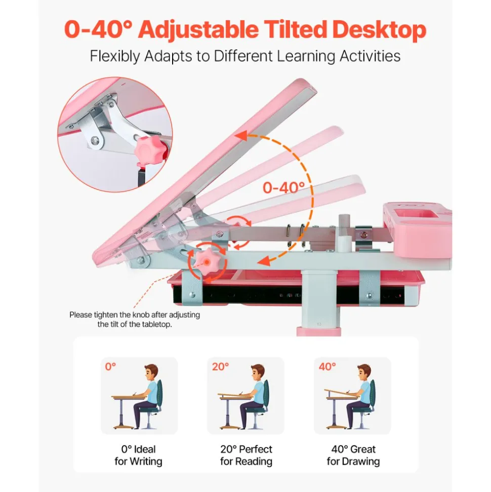 VEVOR Kids Study Chair and Desk Set, Study Desk and Chair for Kids with Table Lamp, Adjustable Height & 0-40° Tilted Desktop Kids Desk and Chair, Children Study Table for Bedroom & Study Room, Pink