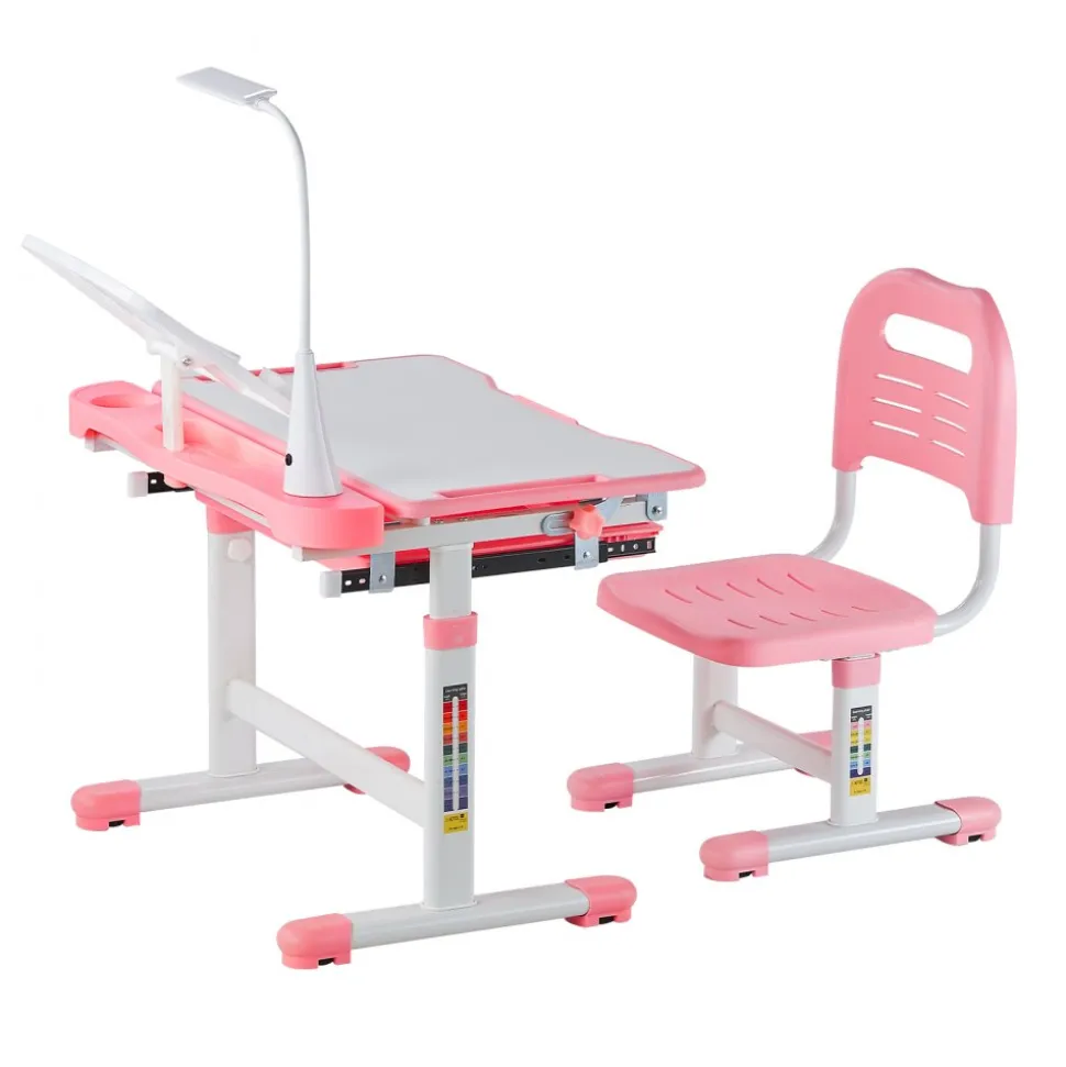 VEVOR Kids Study Chair and Desk Set, Study Desk and Chair for Kids with Table Lamp, Adjustable Height & 0-40° Tilted Desktop Kids Desk and Chair, Children Study Table for Bedroom & Study Room, Pink