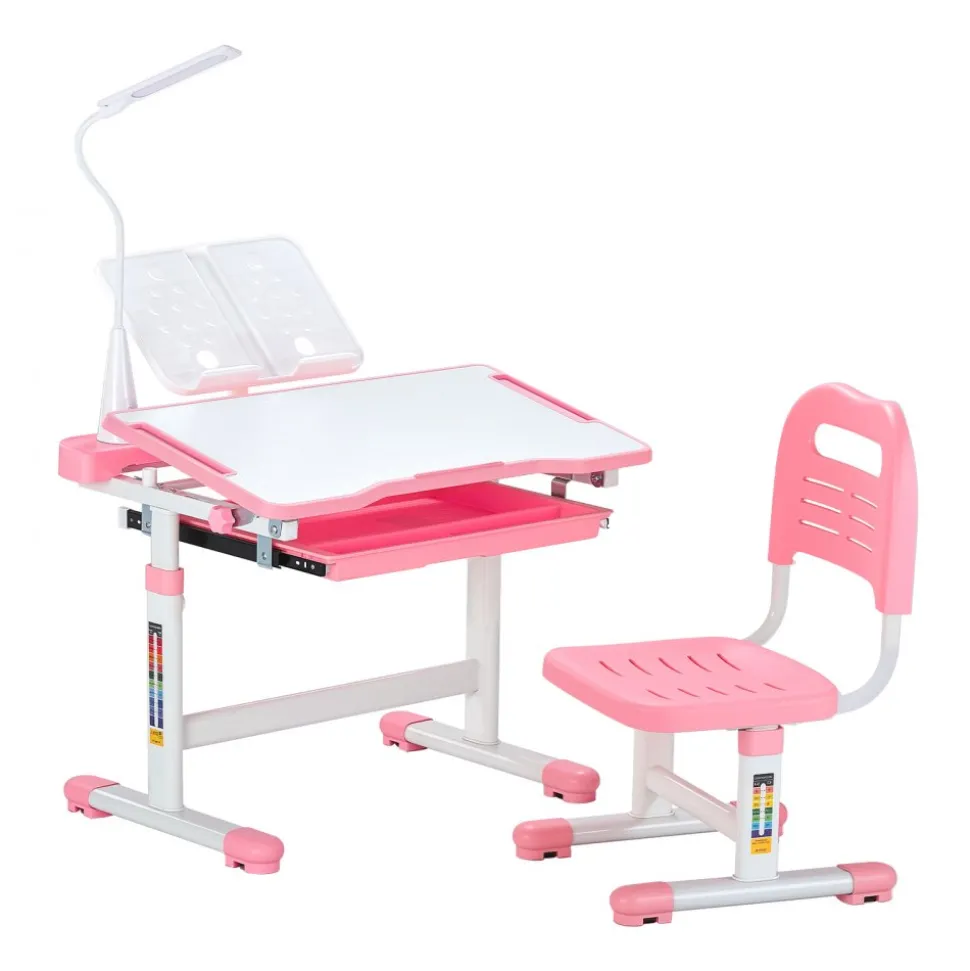 VEVOR Kids Study Chair and Desk Set, Study Desk and Chair for Kids with Table Lamp, Adjustable Height & 0-40° Tilted Desktop Kids Desk and Chair, Children Study Table for Bedroom & Study Room, Pink