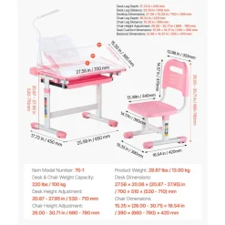 VEVOR Kids Study Chair and Desk Set, Study Desk and Chair for Kids with Table Lamp, Adjustable Height & 0-40° Tilted Desktop Kids Desk and Chair, Children Study Table for Bedroom & Study Room, Pink