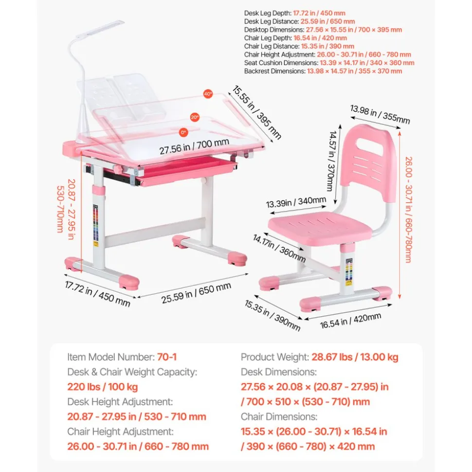 VEVOR Kids Study Chair and Desk Set, Study Desk and Chair for Kids with Table Lamp, Adjustable Height & 0-40° Tilted Desktop Kids Desk and Chair, Children Study Table for Bedroom & Study Room, Pink