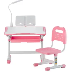 VEVOR Kids Study Chair and Desk Set, Study Desk and Chair for Kids with Table Lamp, Adjustable Height & 0-40° Tilted Desktop Kids Desk and Chair, Children Study Table for Bedroom & Study Room, Pink