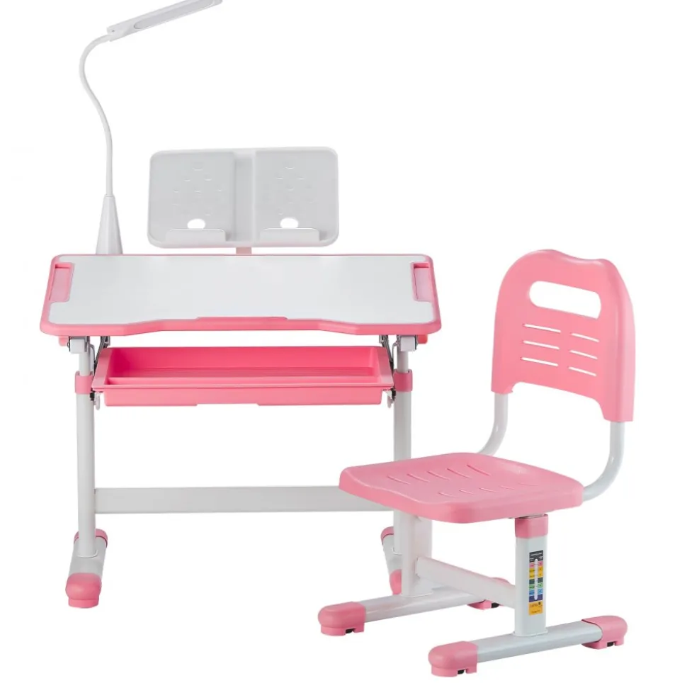 VEVOR Kids Study Chair and Desk Set, Study Desk and Chair for Kids with Table Lamp, Adjustable Height & 0-40° Tilted Desktop Kids Desk and Chair, Children Study Table for Bedroom & Study Room, Pink