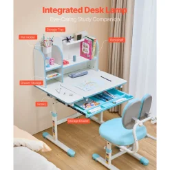 VEVOR Kids Study Chair and Desk Set, Study Desk and Chair for Kids with Bookshelf & Storage Drawer, Adjustable Height & 0-40° Tilted Desktop Desk and Chair, Study Table for Bedroom & Study Room, Blue