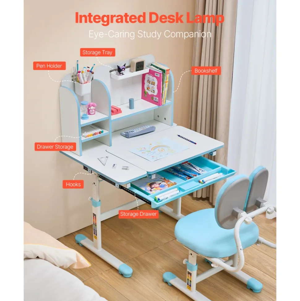 VEVOR Kids Study Chair and Desk Set, Study Desk and Chair for Kids with Bookshelf & Storage Drawer, Adjustable Height & 0-40° Tilted Desktop Desk and Chair, Study Table for Bedroom & Study Room, Blue