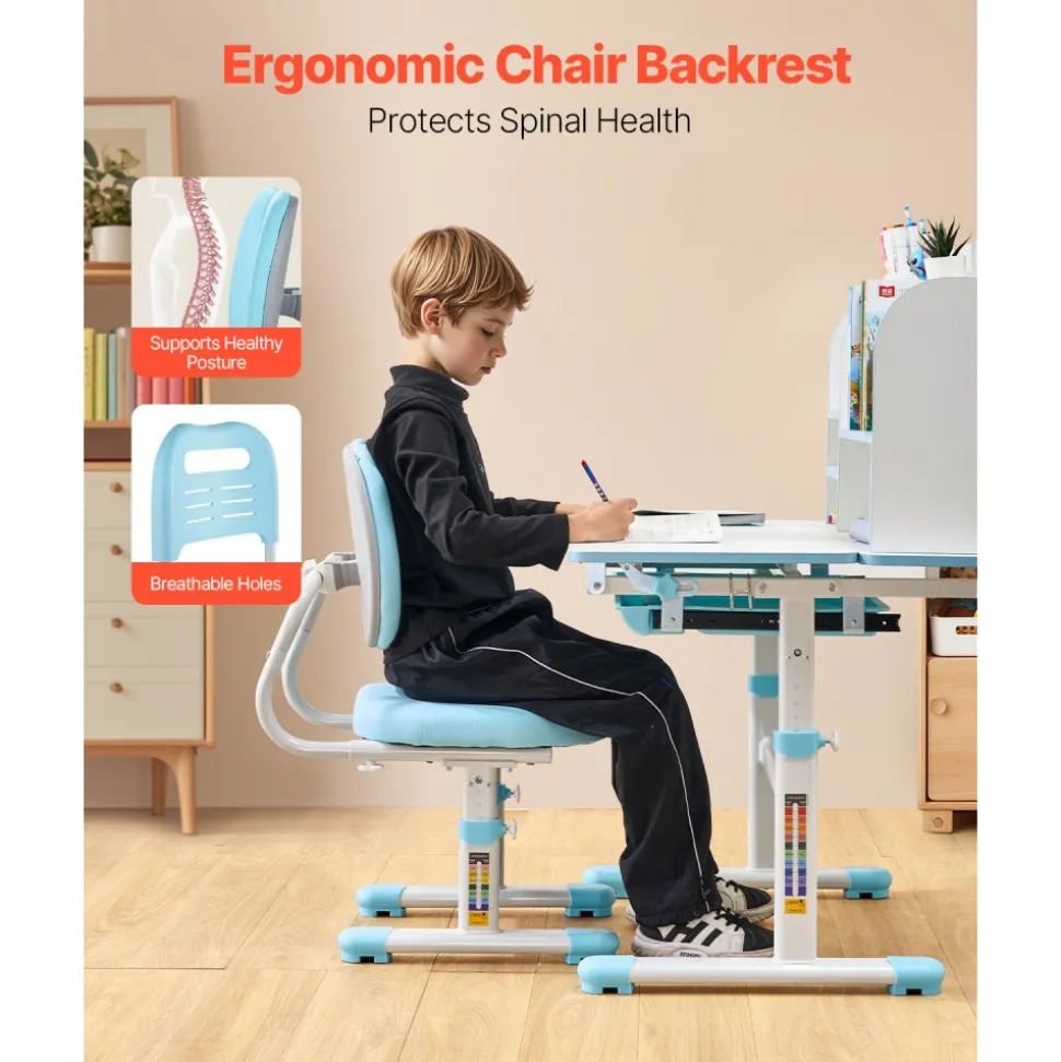 VEVOR Kids Study Chair and Desk Set, Study Desk and Chair for Kids with Bookshelf & Storage Drawer, Adjustable Height & 0-40° Tilted Desktop Desk and Chair, Study Table for Bedroom & Study Room, Blue