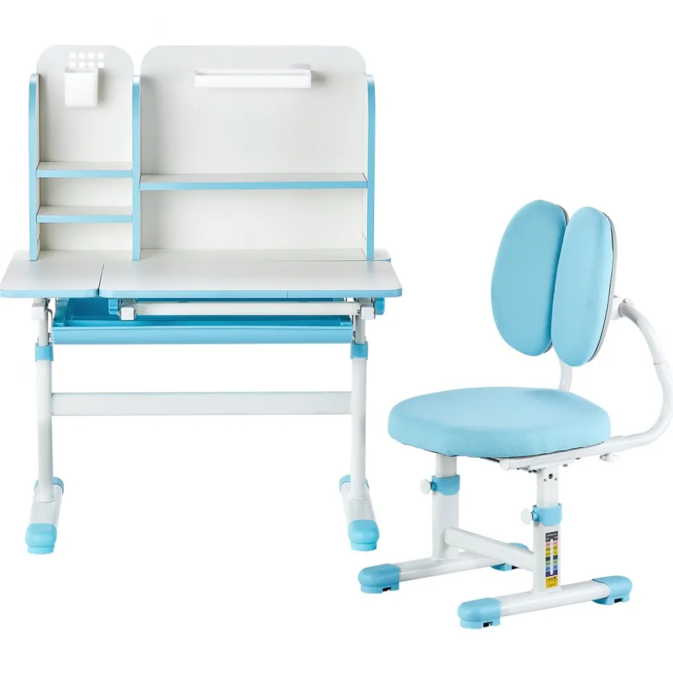 VEVOR Kids Study Chair and Desk Set, Study Desk and Chair for Kids with Bookshelf & Storage Drawer, Adjustable Height & 0-40° Tilted Desktop Desk and Chair, Study Table for Bedroom & Study Room, Blue