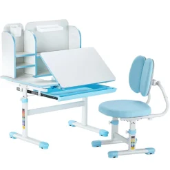 VEVOR Kids Study Chair and Desk Set, Study Desk and Chair for Kids with Bookshelf & Storage Drawer, Adjustable Height & 0-40° Tilted Desktop Desk and Chair, Study Table for Bedroom & Study Room, Blue