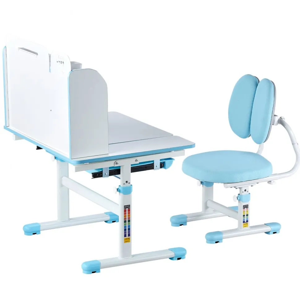 VEVOR Kids Study Chair and Desk Set, Study Desk and Chair for Kids with Bookshelf & Storage Drawer, Adjustable Height & 0-40° Tilted Desktop Desk and Chair, Study Table for Bedroom & Study Room, Blue