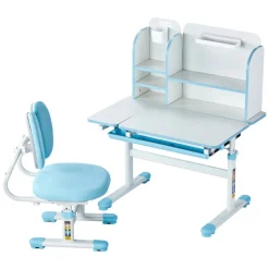 VEVOR Kids Study Chair and Desk Set, Study Desk and Chair for Kids with Bookshelf & Storage Drawer, Adjustable Height & 0-40° Tilted Desktop Desk and Chair, Study Table for Bedroom & Study Room, Blue