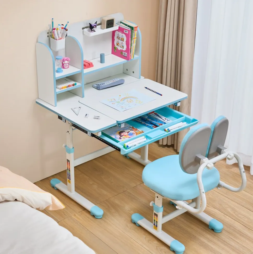 VEVOR Kids Study Chair and Desk Set, Study Desk and Chair for Kids with Bookshelf & Storage Drawer, Adjustable Height & 0-40° Tilted Desktop Desk and Chair, Study Table for Bedroom & Study Room, Blue